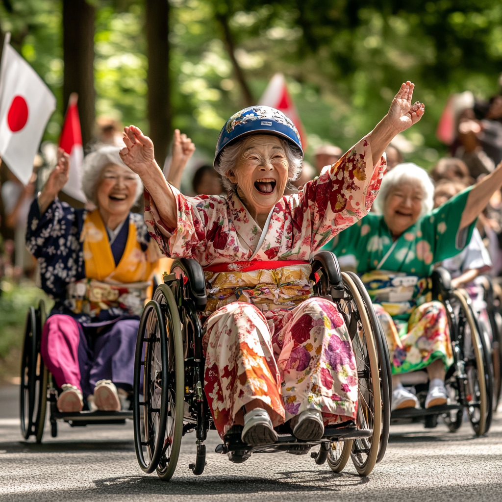 Elderly Japanese women racing in kimonos