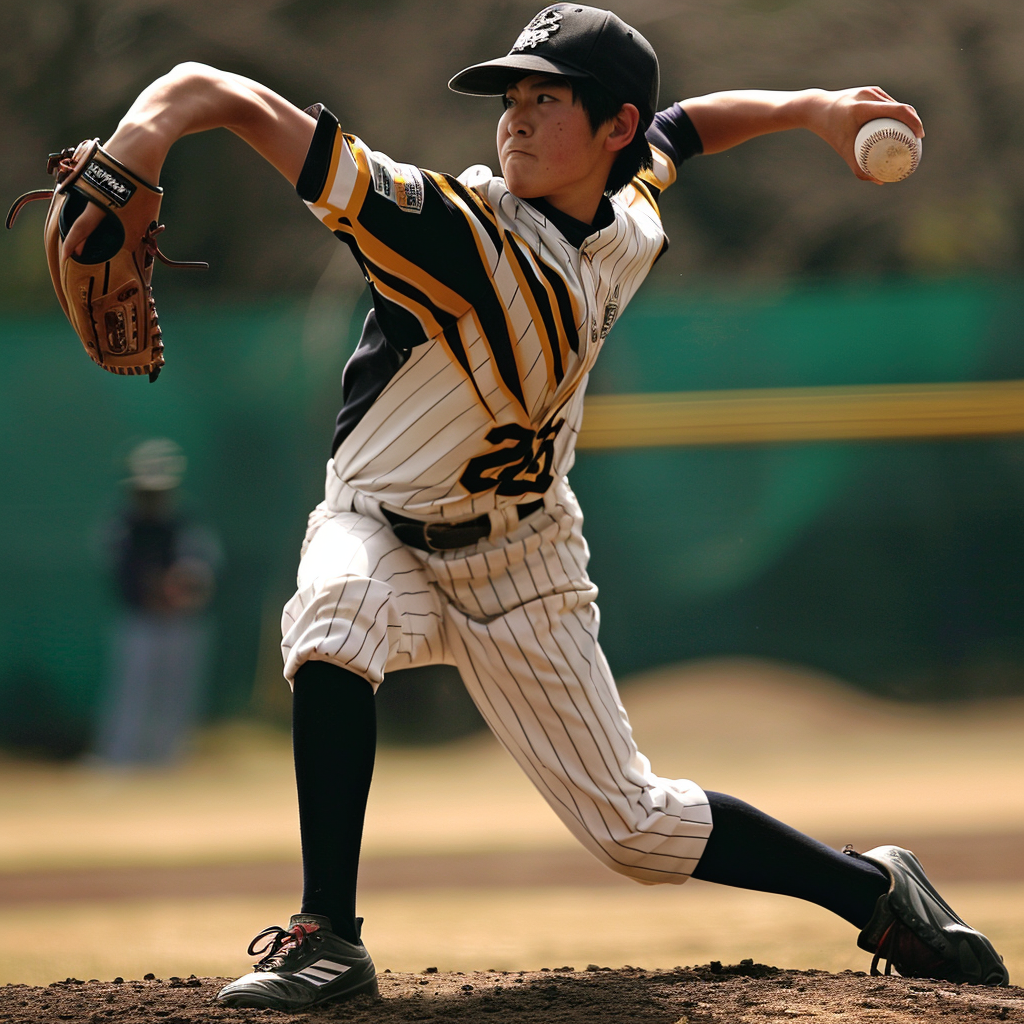 Youthful Japanese Baseball Pitcher in Full Swing