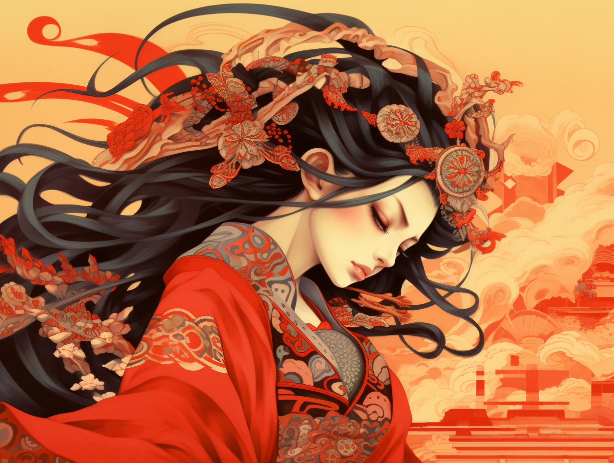 Japanese Illustration with Red and Beige Colors