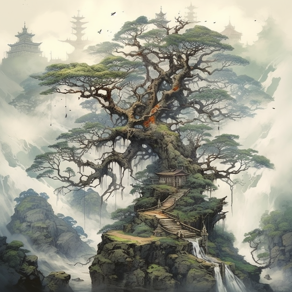 Detailed Japanese inspired magical tree illustration