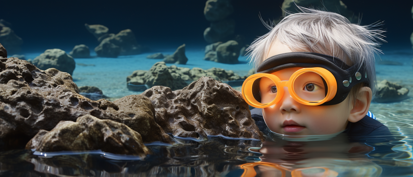 Japanese kid finding sea slug in rock pool