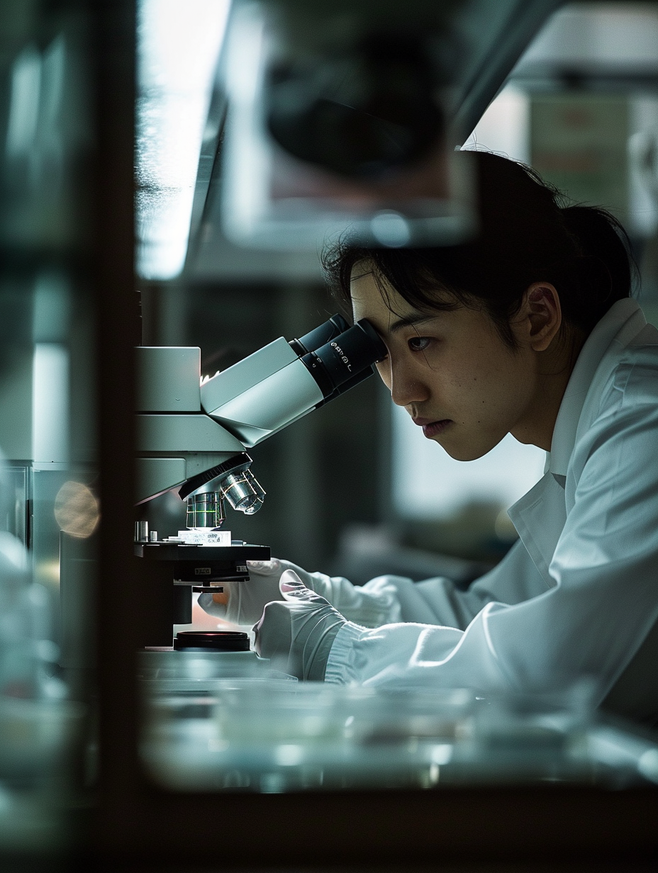 Japanese lab technician using microscope