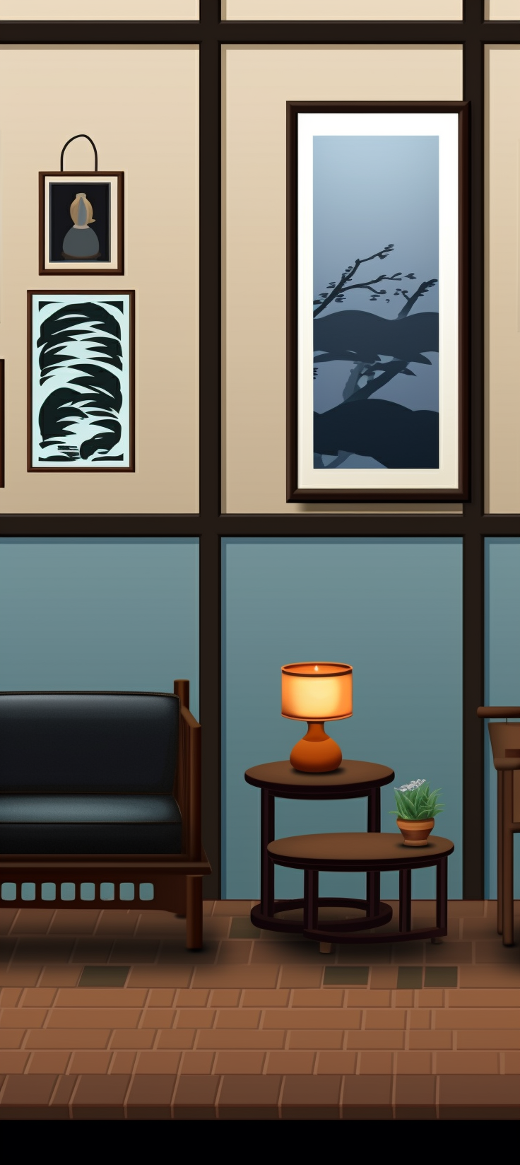 Japanese living room with furniture and paintings