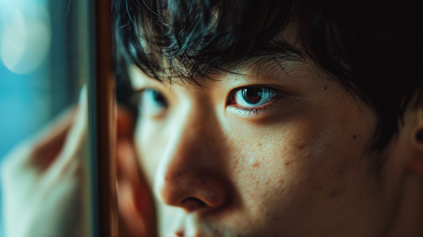 Japanese man looking worriedly into a mirror