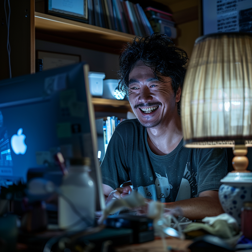 Japanese man grinning computer night