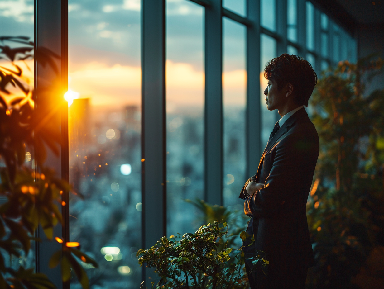 Japanese man looking out window in clean office