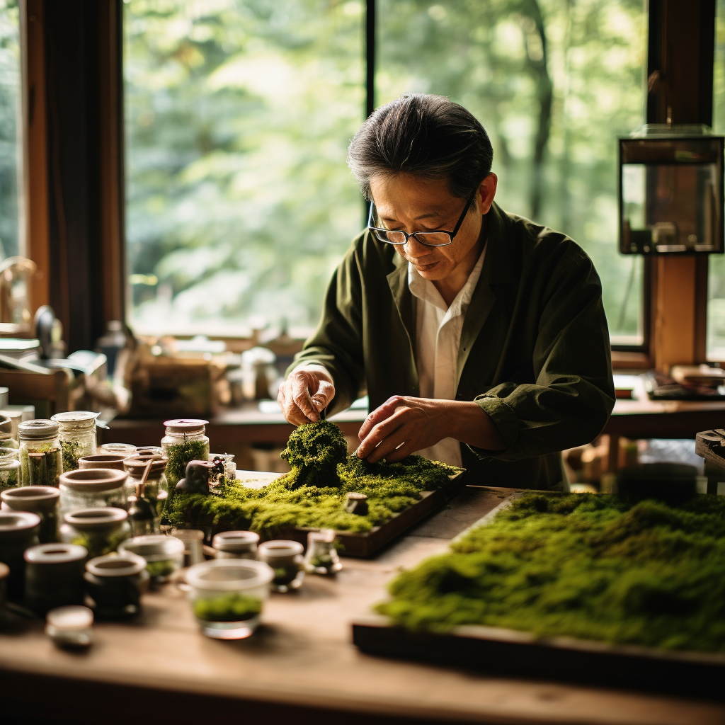 Japanese man crafting delicate moss arrangement