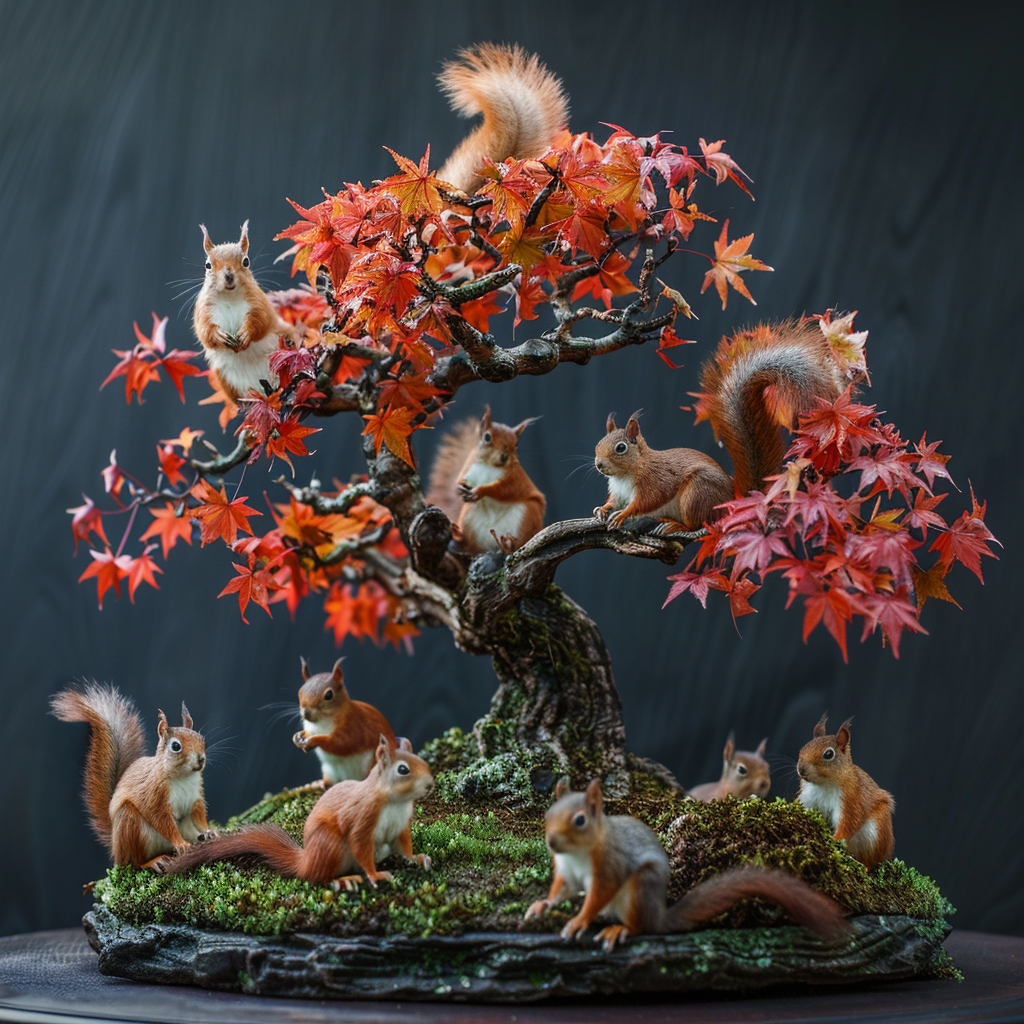 Japanese maple tree with squirrels