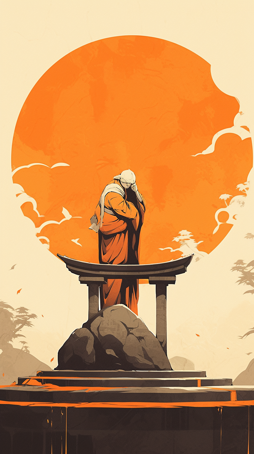 Old shaman bowing to the sun in Japanese minimalist art