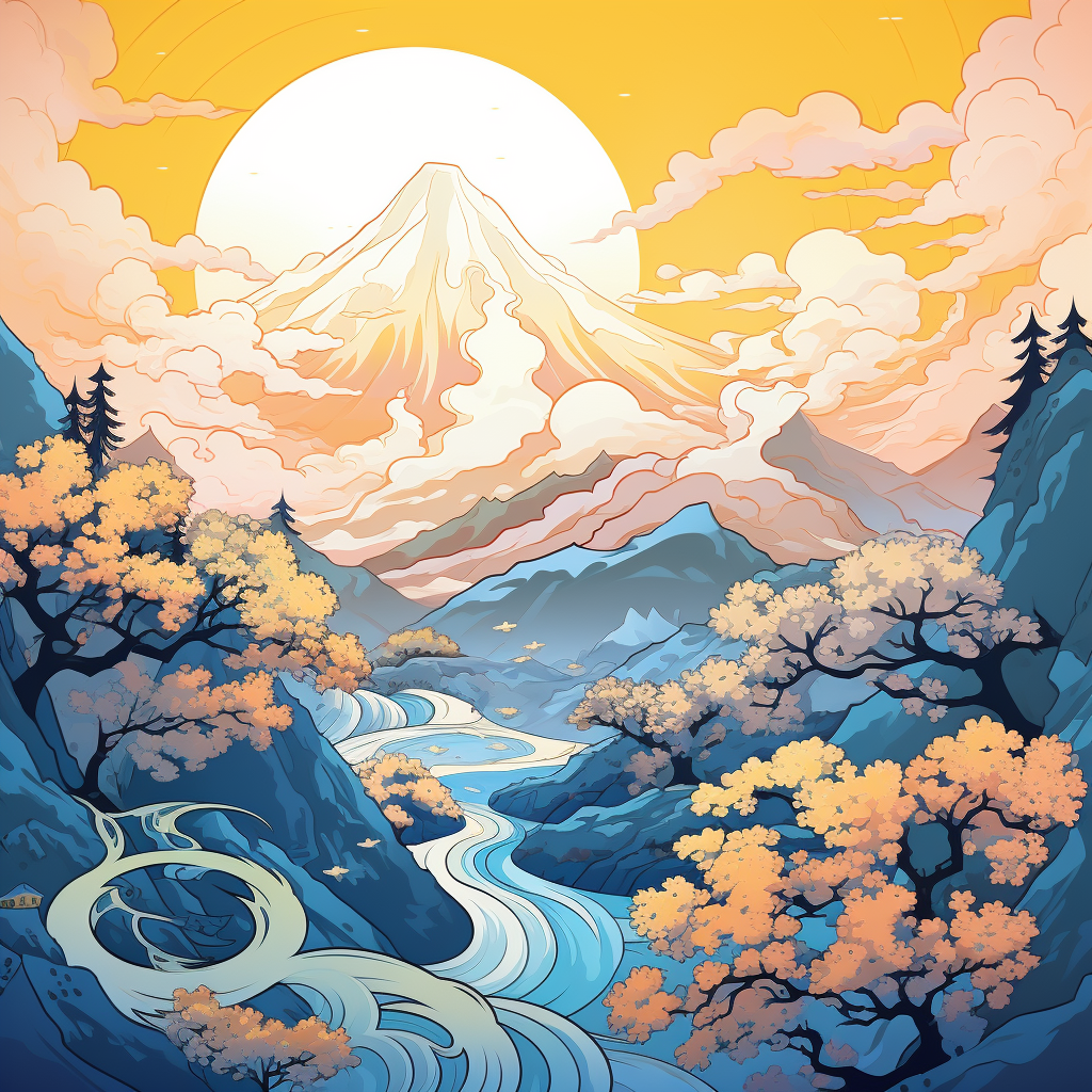 Artistic portrayal of a Japanese mountain landscape