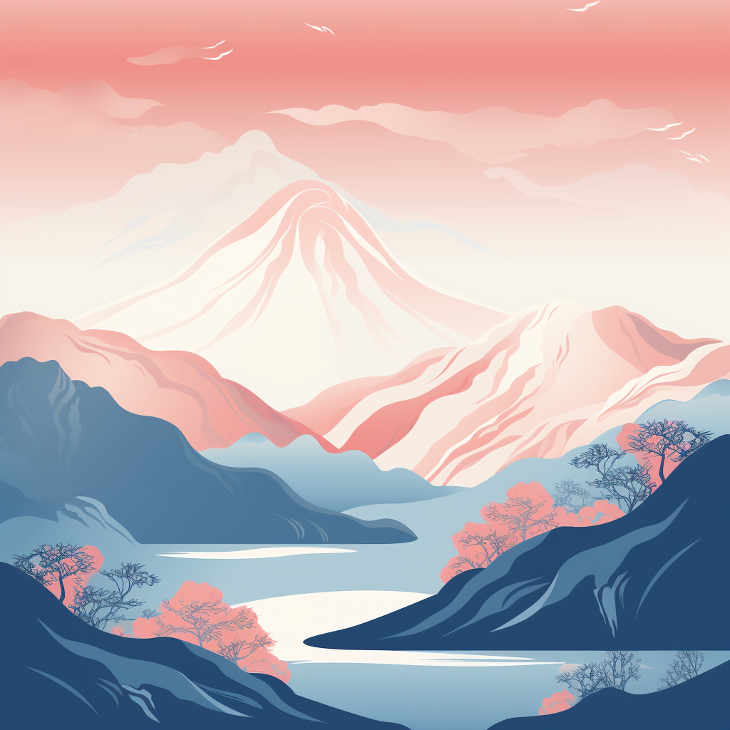 Illustration of Japanese Mountain in Blue and White