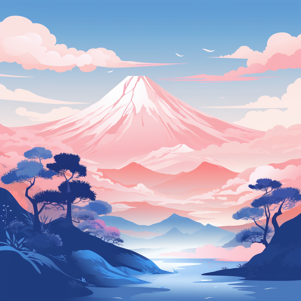 Realistic Japanese Mountain Illustration in Blue and White