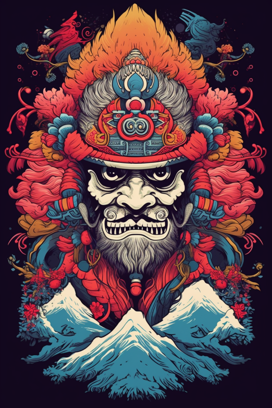 Detailed Japanese mountain Yakshagana Fuji illustration