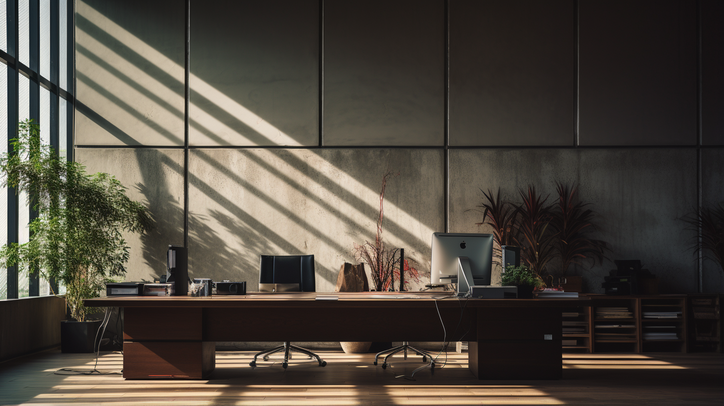 Japanese office wall with no desk, natural daylight, artificial light, and no shadows