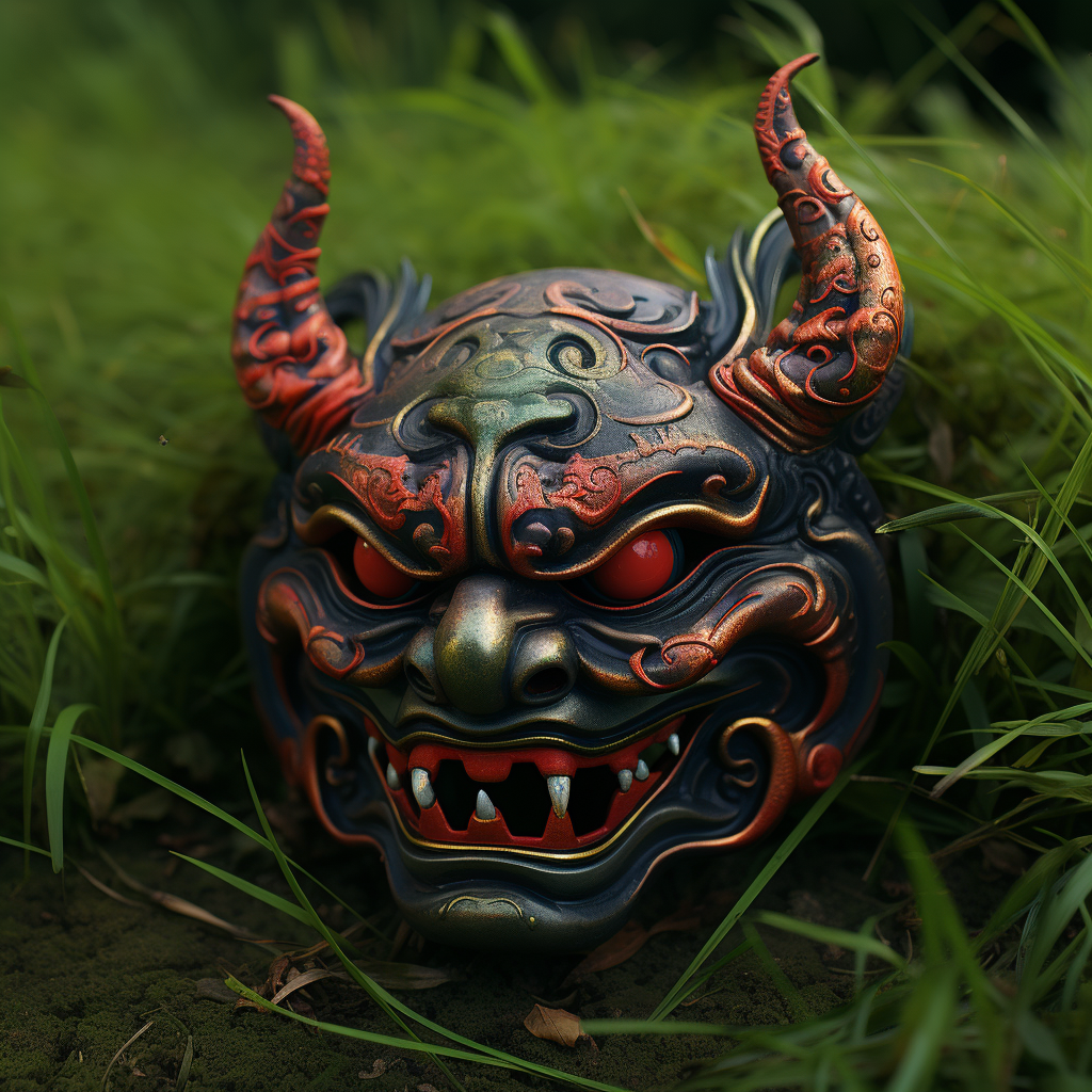 Japanese Oni Mask on Grass in Stunning 3D