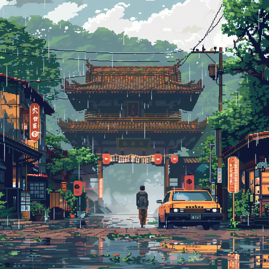 Japanese style pixel art game scene