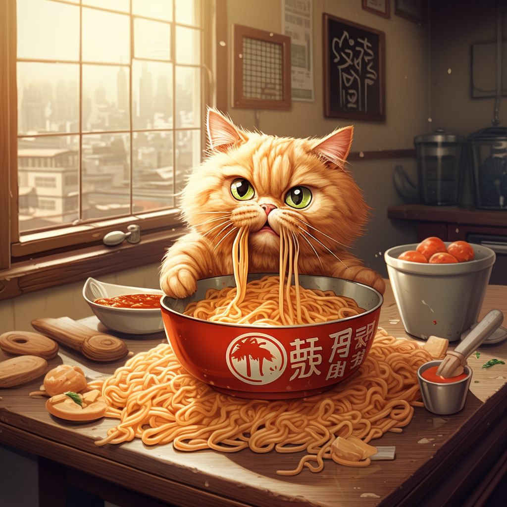 Cartoon cat enjoying Japanese ramen noodles