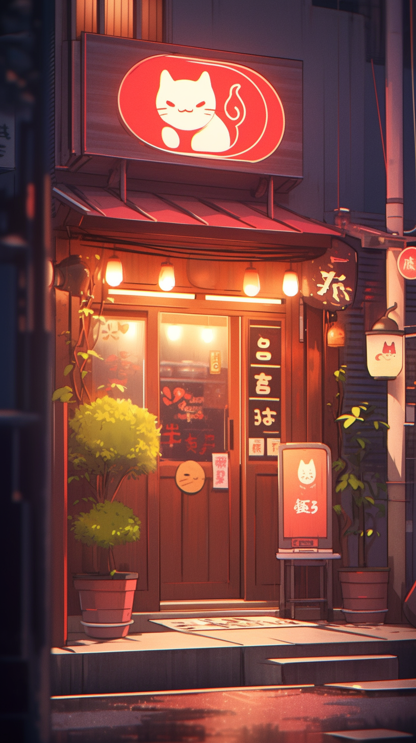 Neon-lit Japanese Ramen Shop with Lucky Cat