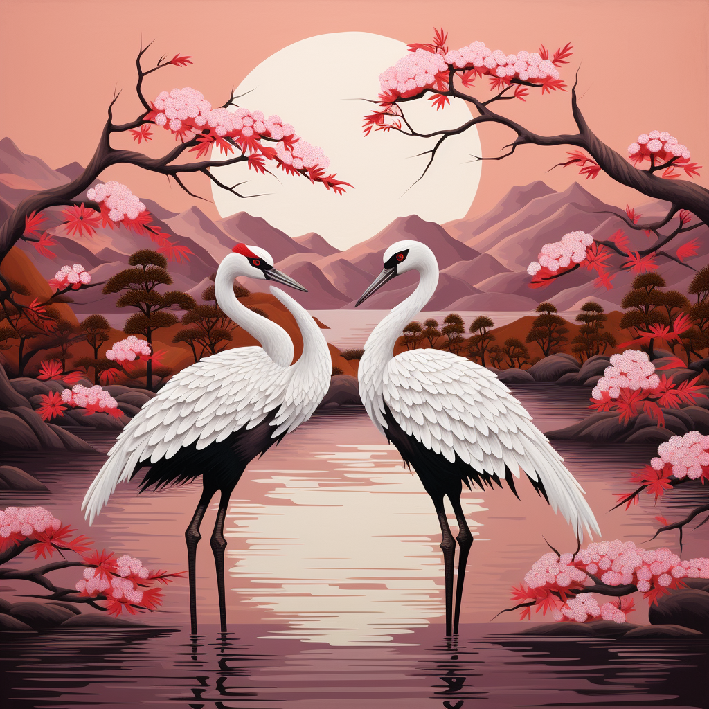 Red crowned cranes and plum blossom