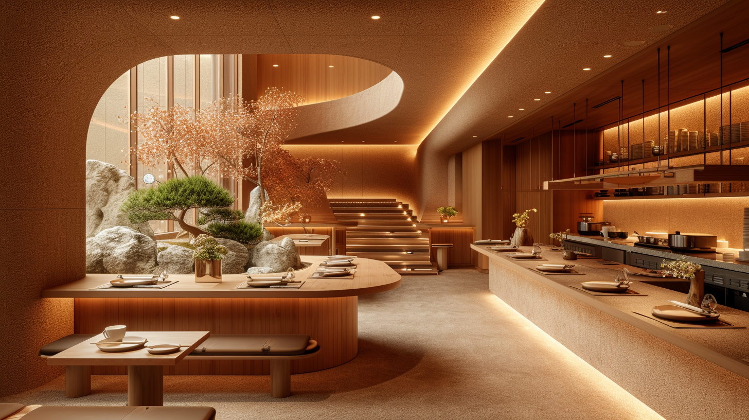 Japanese Restaurant Earthy Tones Curvilinear Design