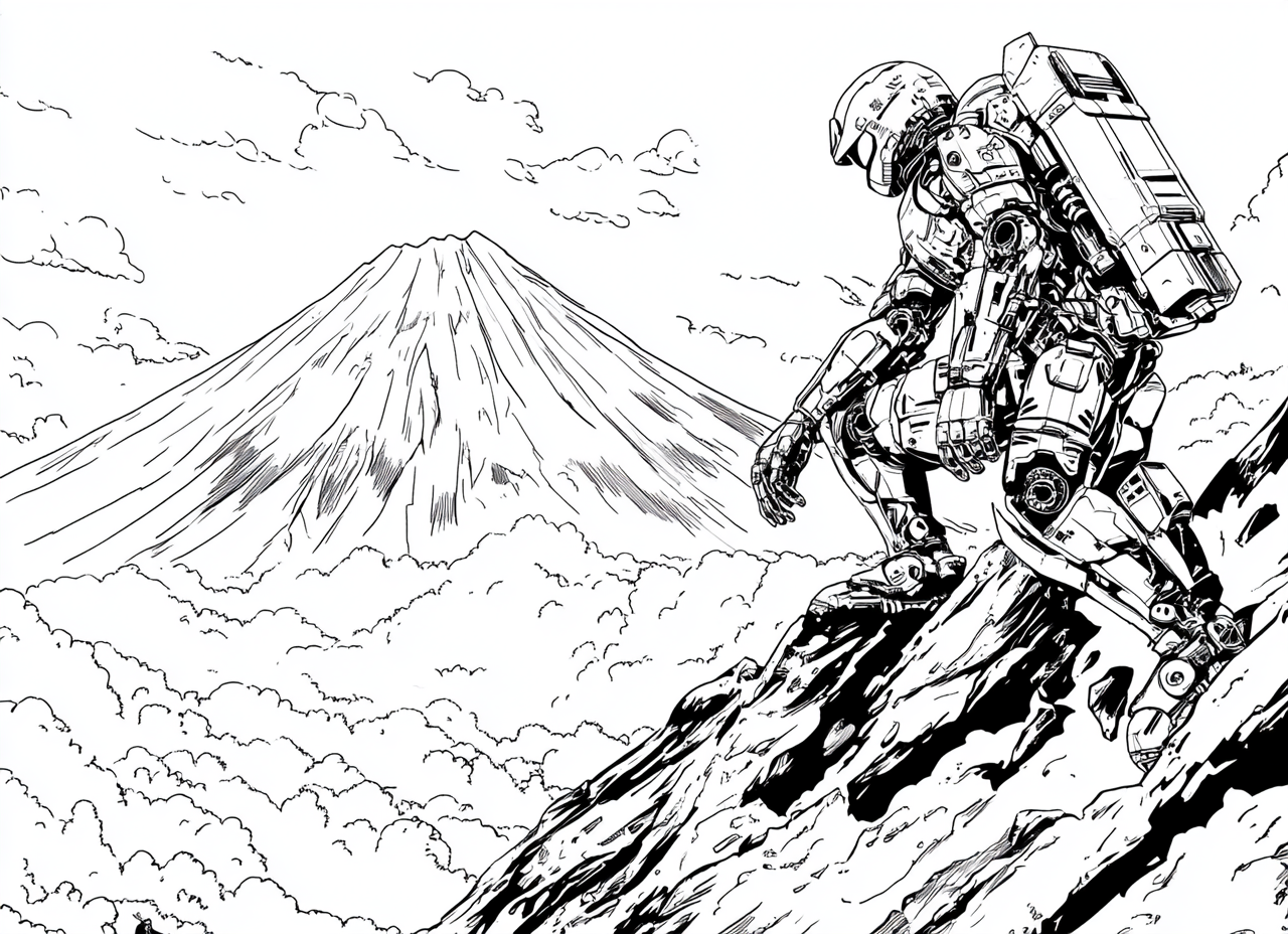 Japanese robot on Mount Fuji coloring page