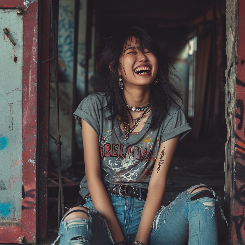 Japanese Rocker Laughing in Industrial Alley