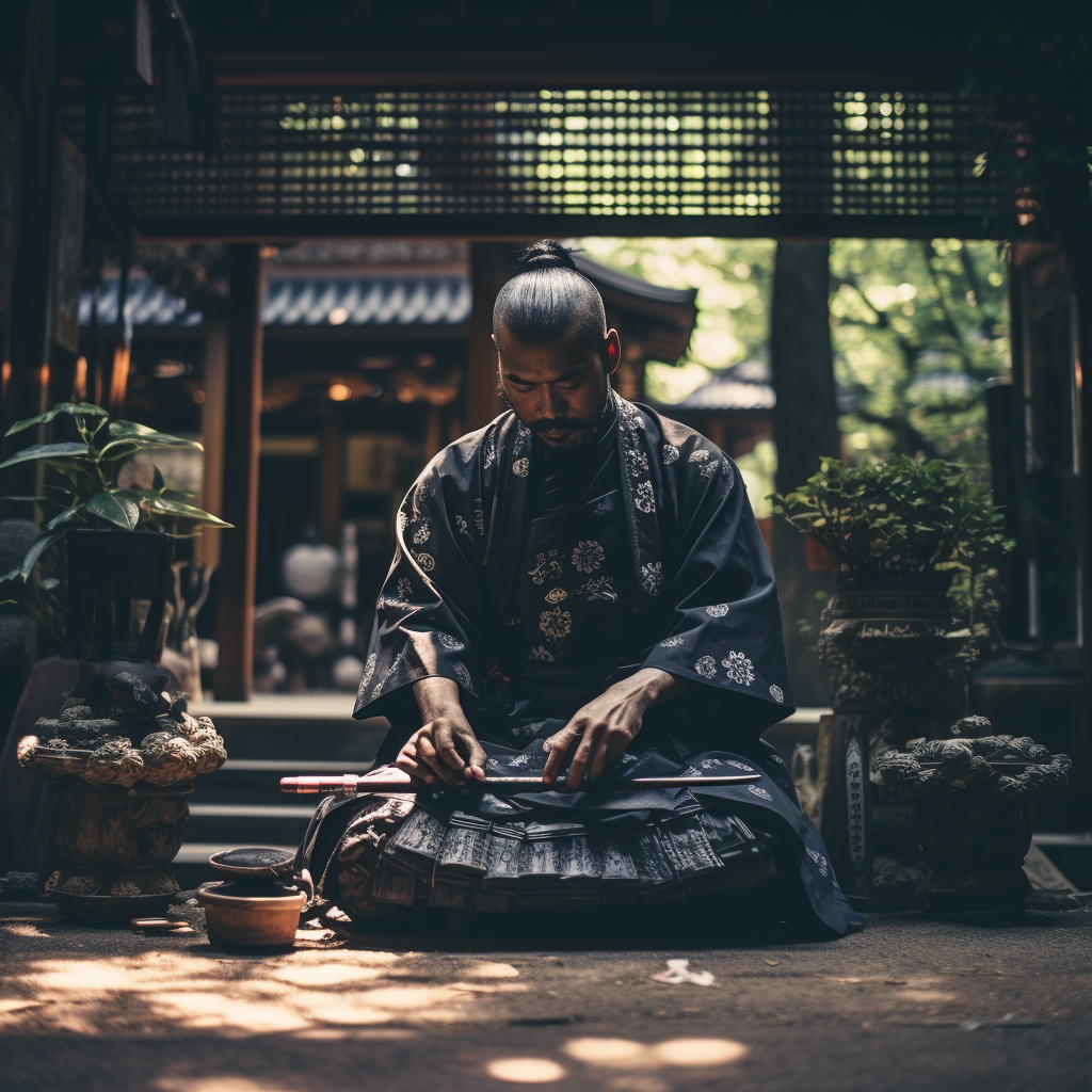 Japanese samurai ghost polishing katana at Zen temple