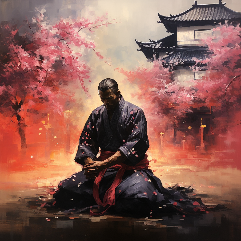 Japanese samurai with sword and cherry blossom tree