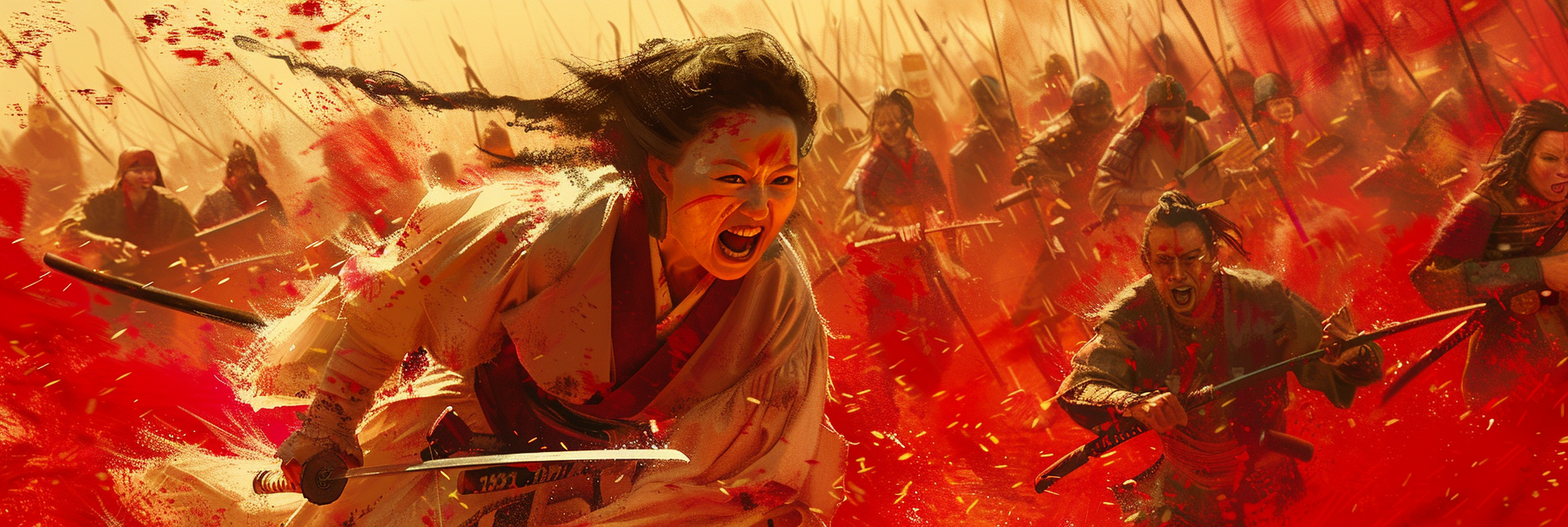 Samurai woman running battlefield shouting