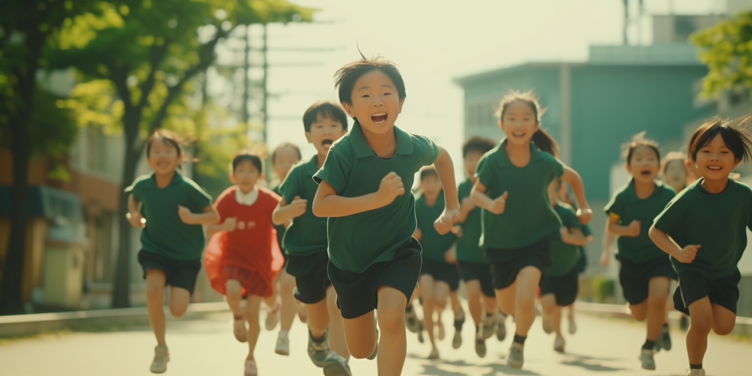 Elementary students running at Japanese school