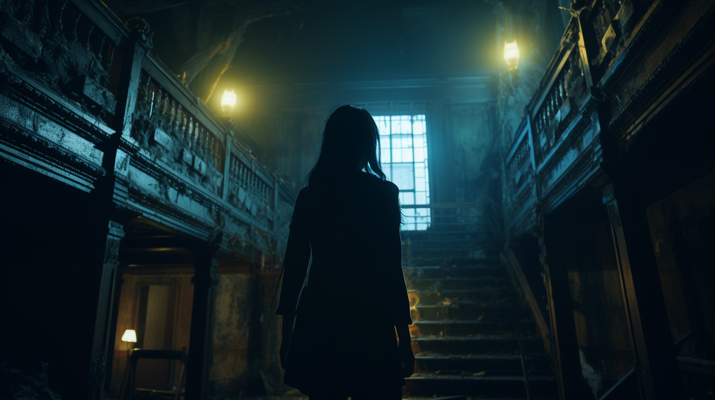 Japanese schoolgirl sneaking through creepy mansion at night