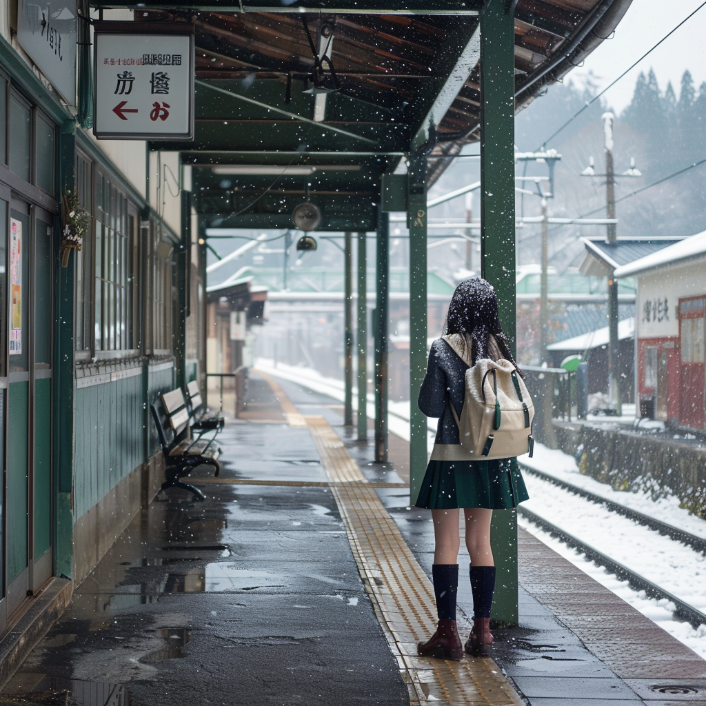 Japanese schoolgirl standing in snow