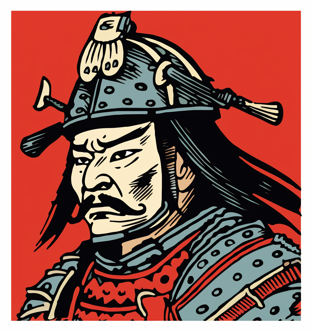 Whimsical Japanese Shogun Woodblock Illustration