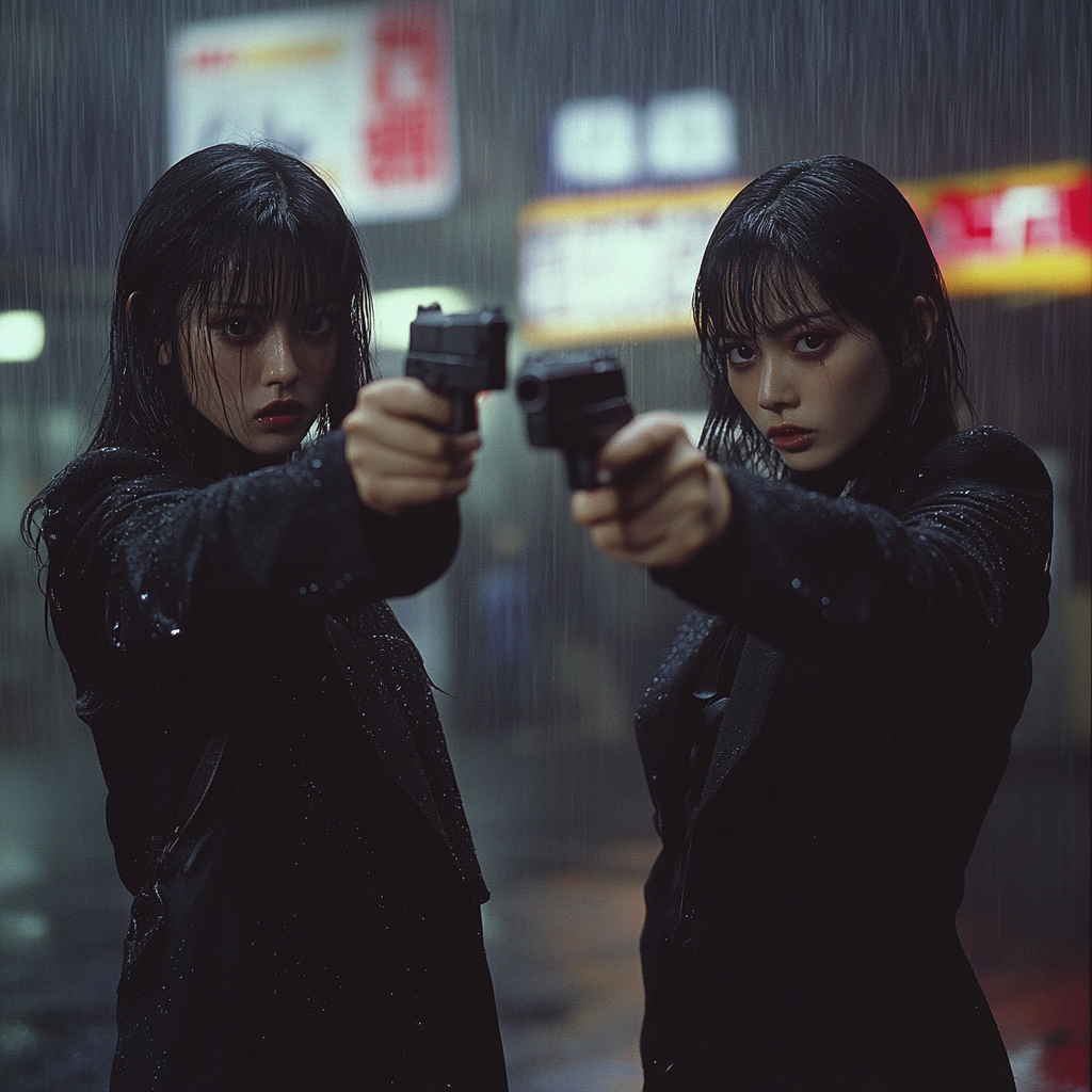 Two Japanese sisters pointing guns