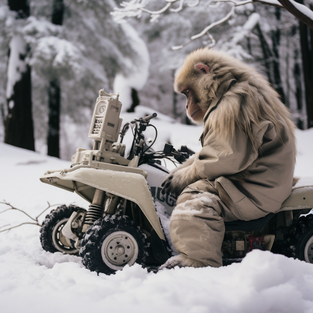 Japanese Snow Monkey Admiring UTV Side-by-Side Vehicle