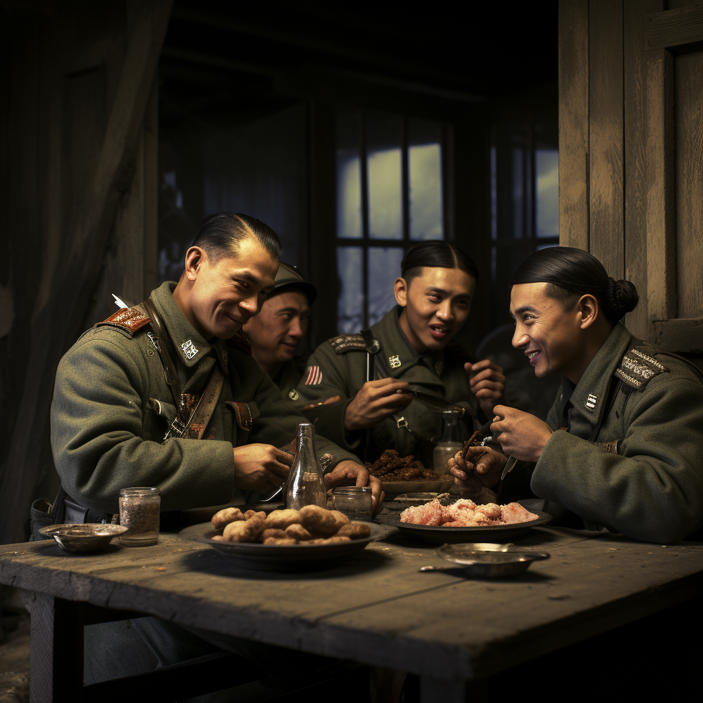 Japanese soldiers eating together during 1944