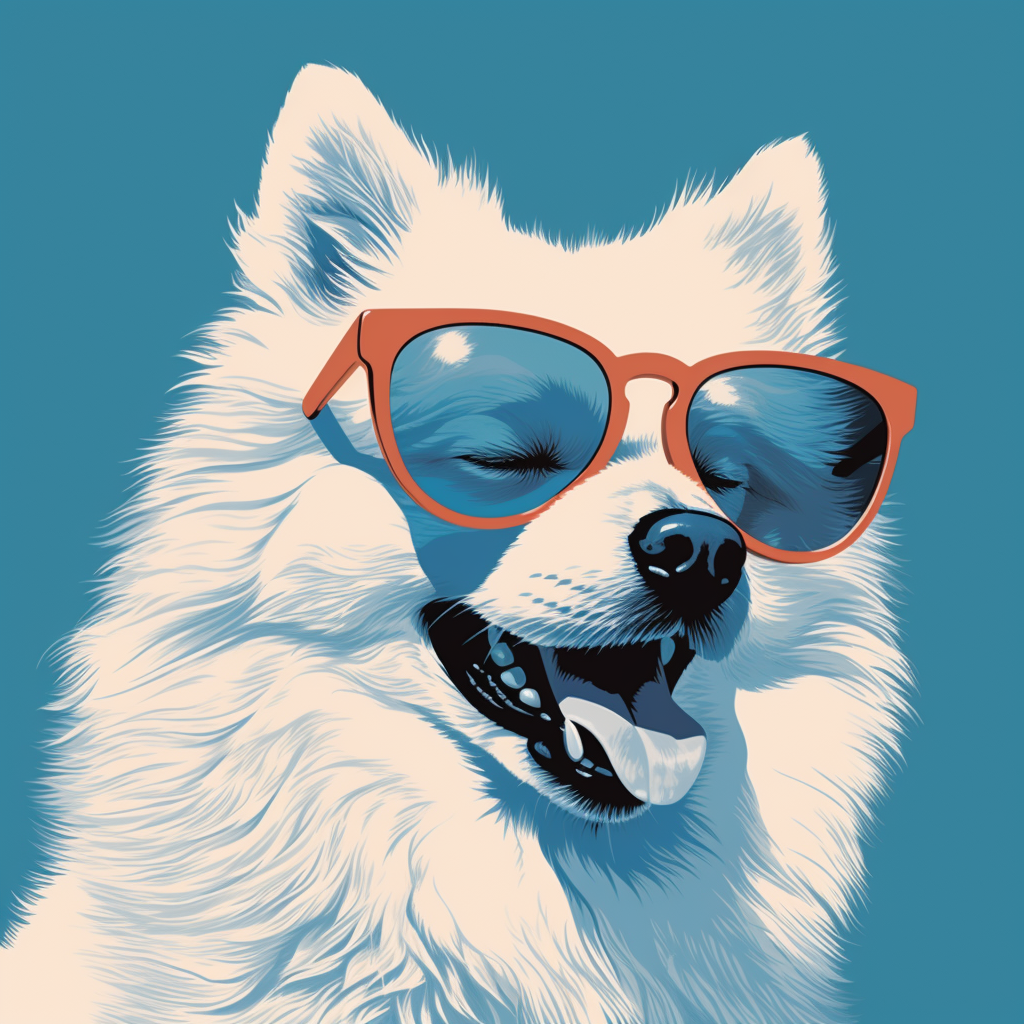 Japanese Spitz wearing sunglasses at a retro party