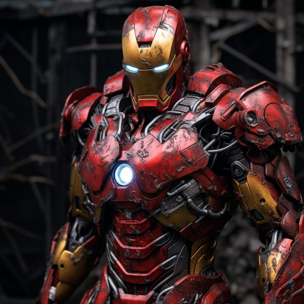 Hyper Realistic Japanese-Style Iron Man with Battle Damage