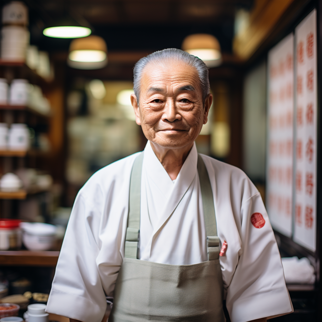 old Japanese sushi chef in restaurant