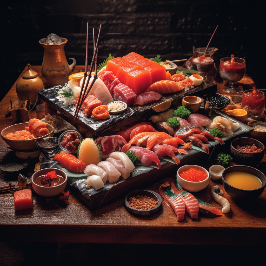 Japanese Table with Sushi and Sashimi