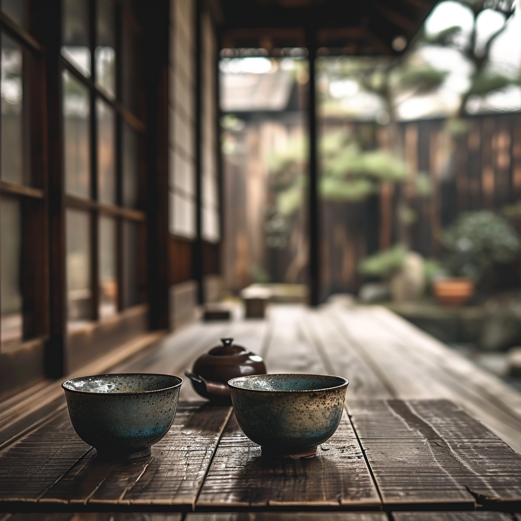 Japanese tea cups on wooden table