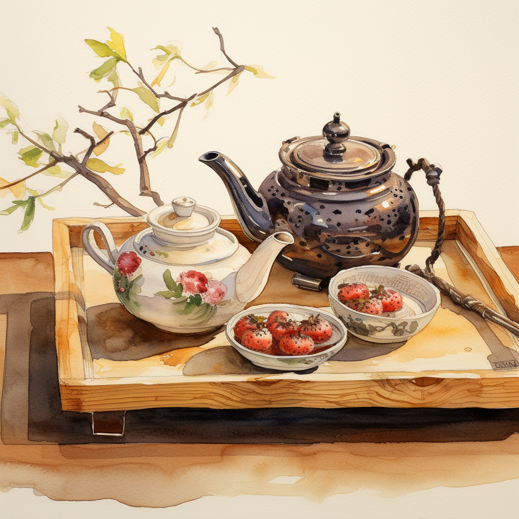 Watercolor Japanese Tea Set Artwork