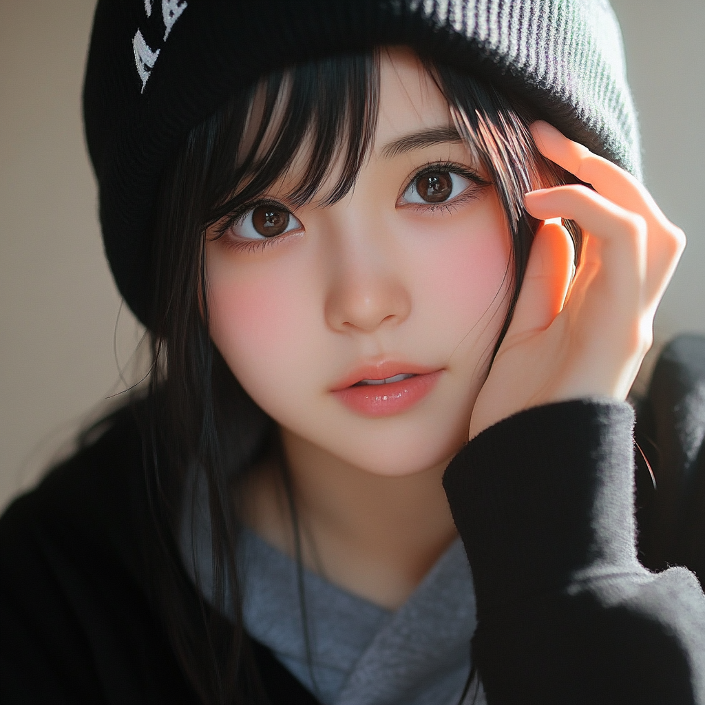 Japanese girl in black gray sweatshirt selfie