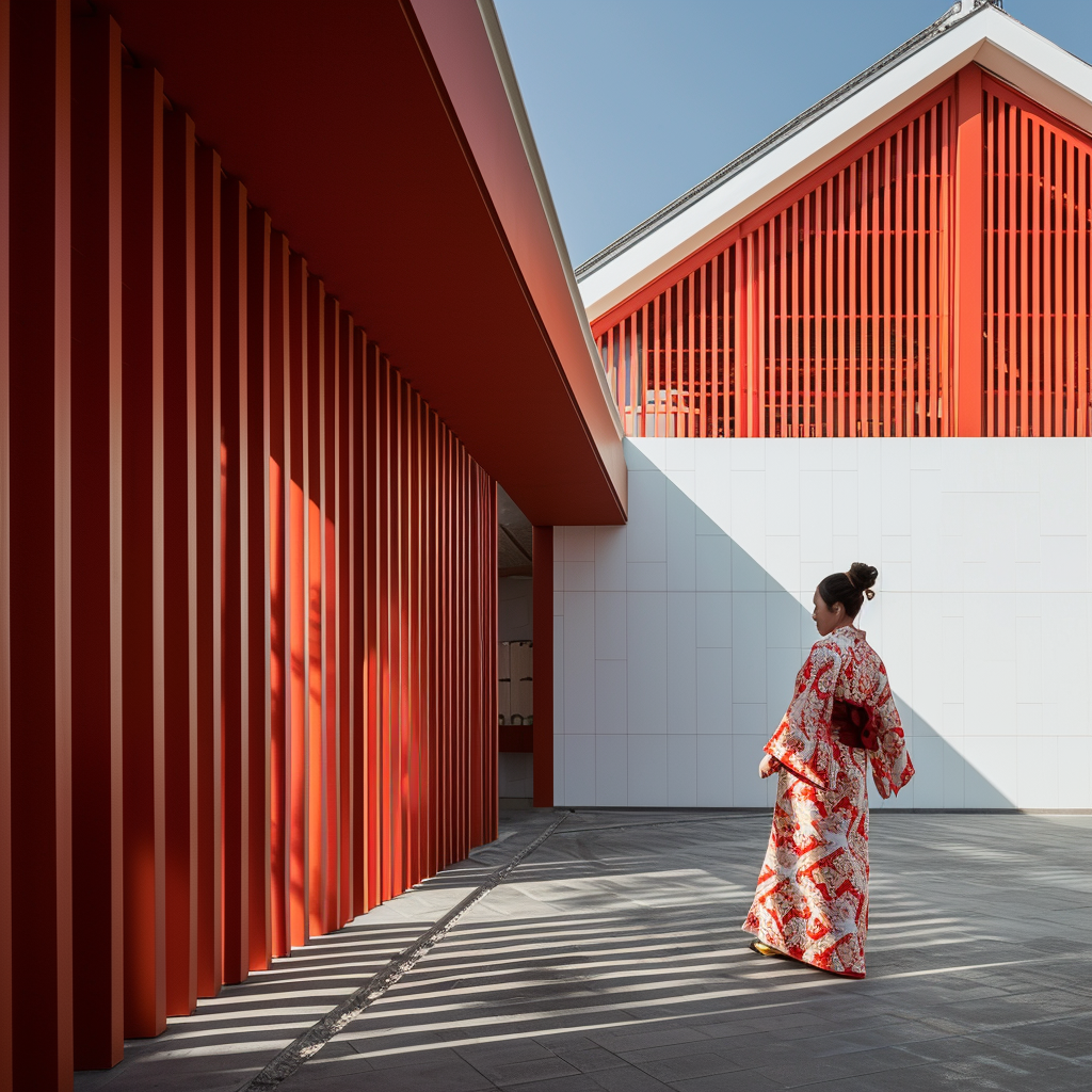 Asian woman walking in Japanese temple courtyard