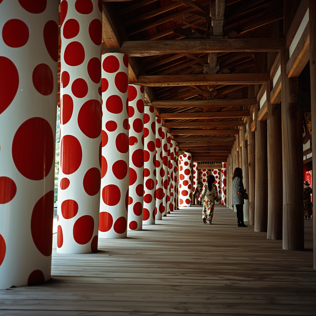 Beautiful Japanese Temple Facade with Kusama Art