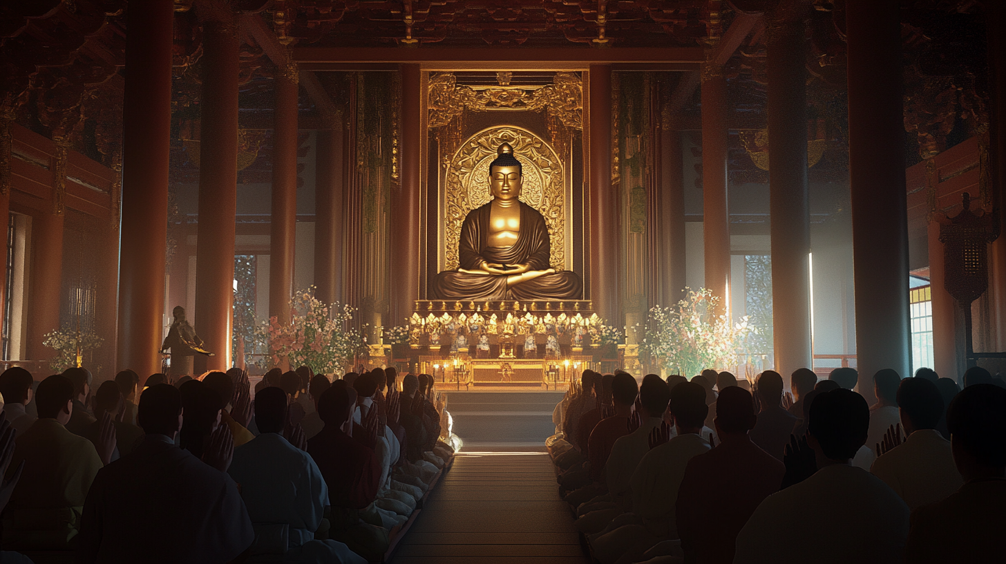 Japanese temple meditation crowd view