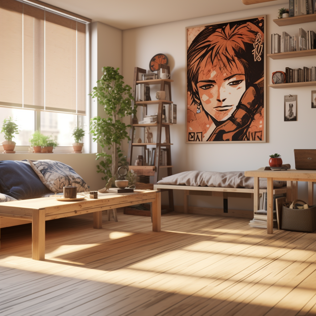 Japanese themed bachelor pad with natural wood furniture and manga artwork