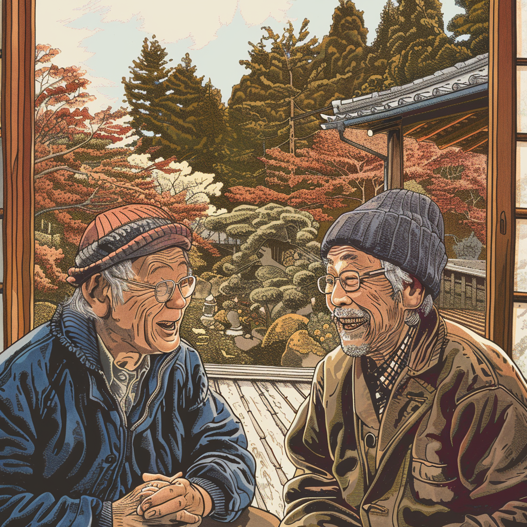 Elderly Japanese couple in traditional home