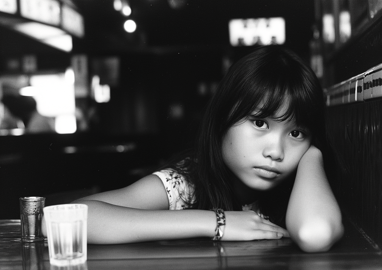 Japanese tween model girl at old restaurant