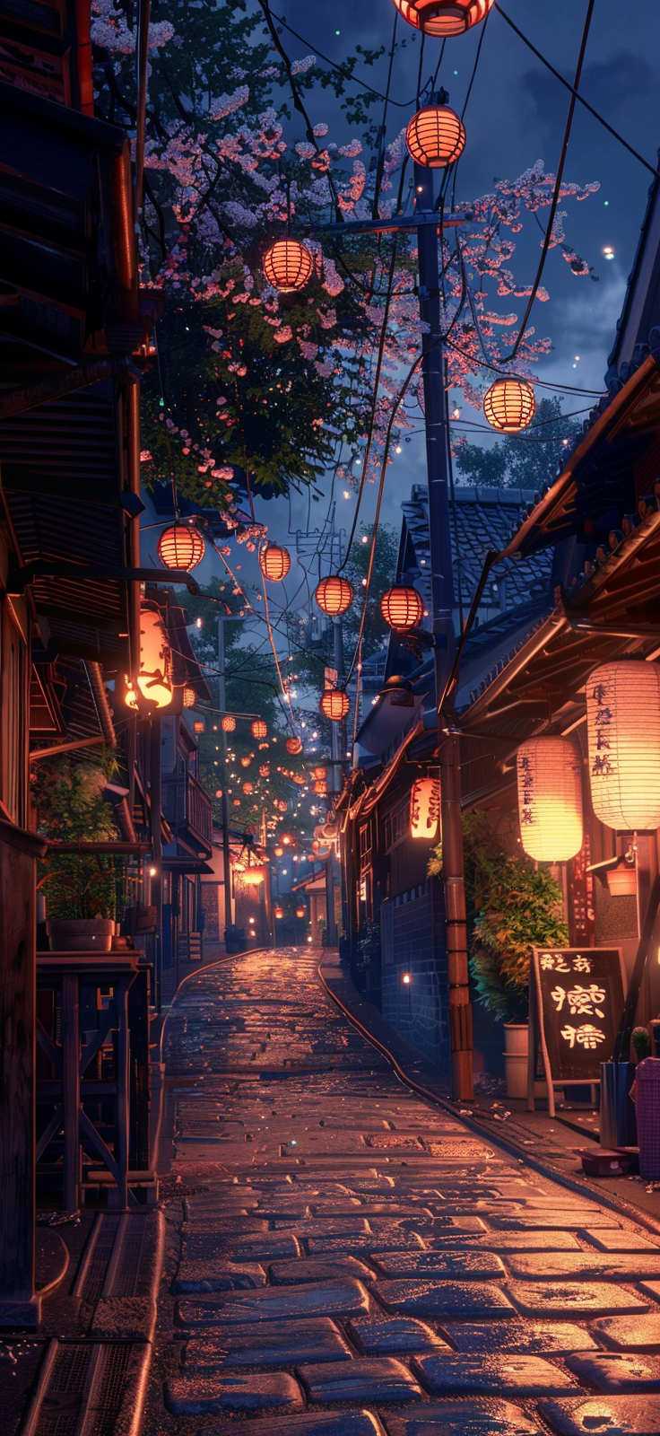 Japanese village alley night lights